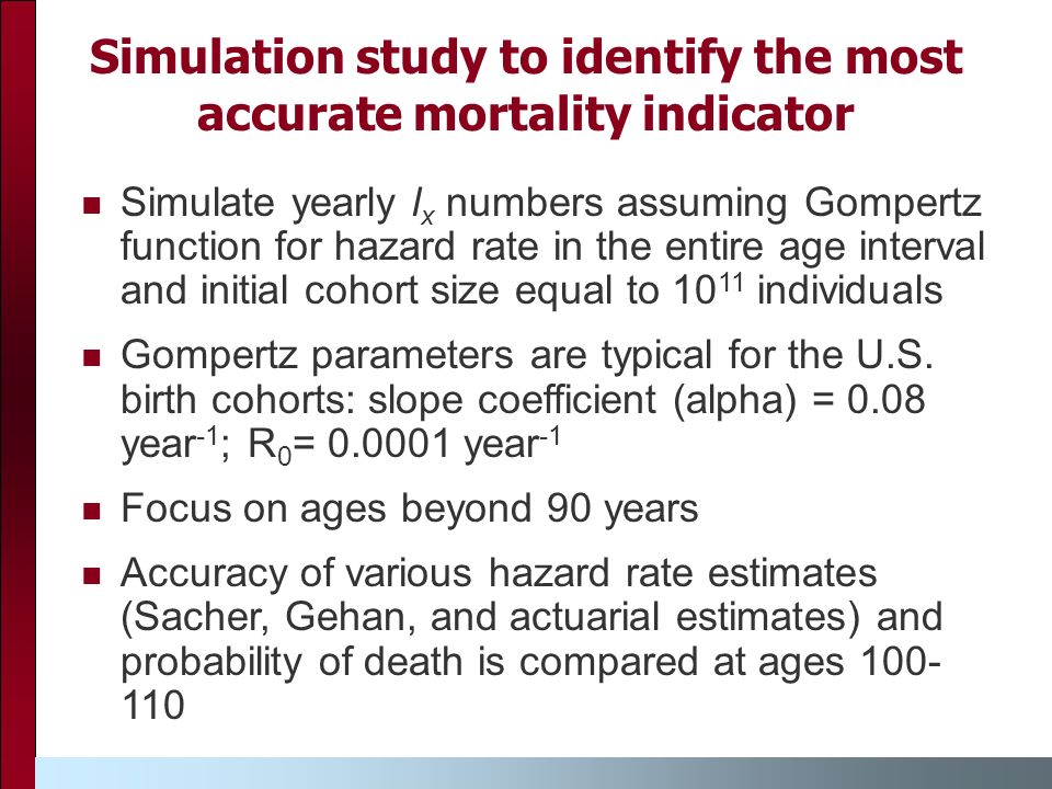 Simulation study to identify the most accurate mortality indicator Simulate yearly l x numbers assuming Gompertz function for hazard rate in the entire age interval and initial cohort size equal to individuals Gompertz parameters are typical for the U.S.