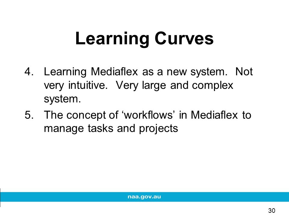30 Learning Curves 4.Learning Mediaflex as a new system.