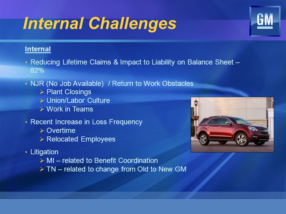 Internal Challenges Internal Reducing Lifetime Claims & Impact to Liability on Balance Sheet – 82% NJR (No Job Available) / Return to Work Obstacles  Plant Closings  Union/Labor Culture  Work in Teams Recent Increase in Loss Frequency  Overtime  Relocated Employees Litigation  MI – related to Benefit Coordination  TN – related to change from Old to New GM