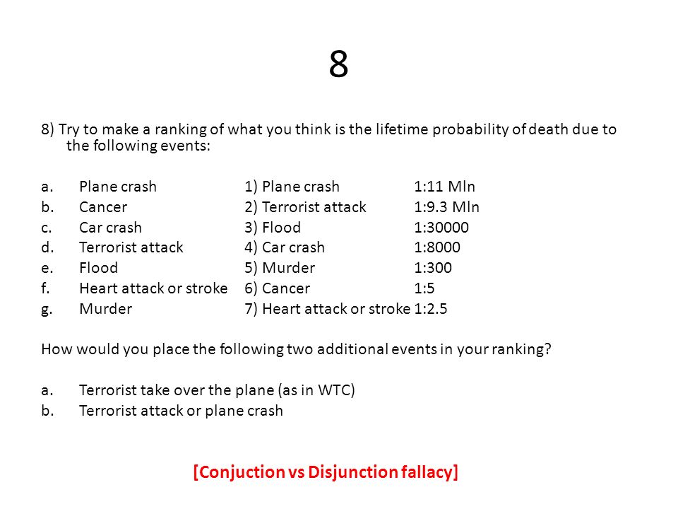 8 8) Try to make a ranking of what you think is the lifetime probability of death due to the following events: a.Plane crash1) Plane crash 1:11 Mln b.Cancer2) Terrorist attack1:9.3 Mln c.Car crash3) Flood1:30000 d.Terrorist attack4) Car crash1:8000 e.Flood5) Murder1:300 f.Heart attack or stroke6) Cancer1:5 g.Murder7) Heart attack or stroke1:2.5 How would you place the following two additional events in your ranking.