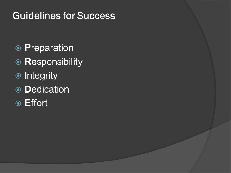 Guidelines for Success  Preparation  Responsibility  Integrity  Dedication  Effort