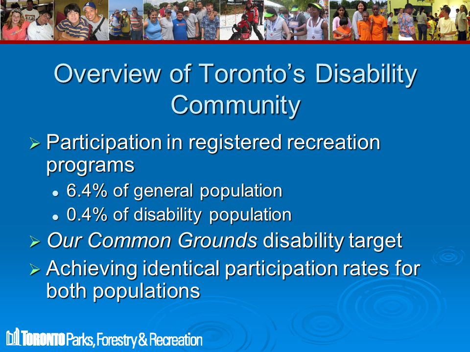 Overview of Toronto’s Disability Community  Participation in registered recreation programs 6.4% of general population 6.4% of general population 0.4% of disability population 0.4% of disability population  Our Common Grounds disability target  Achieving identical participation rates for both populations