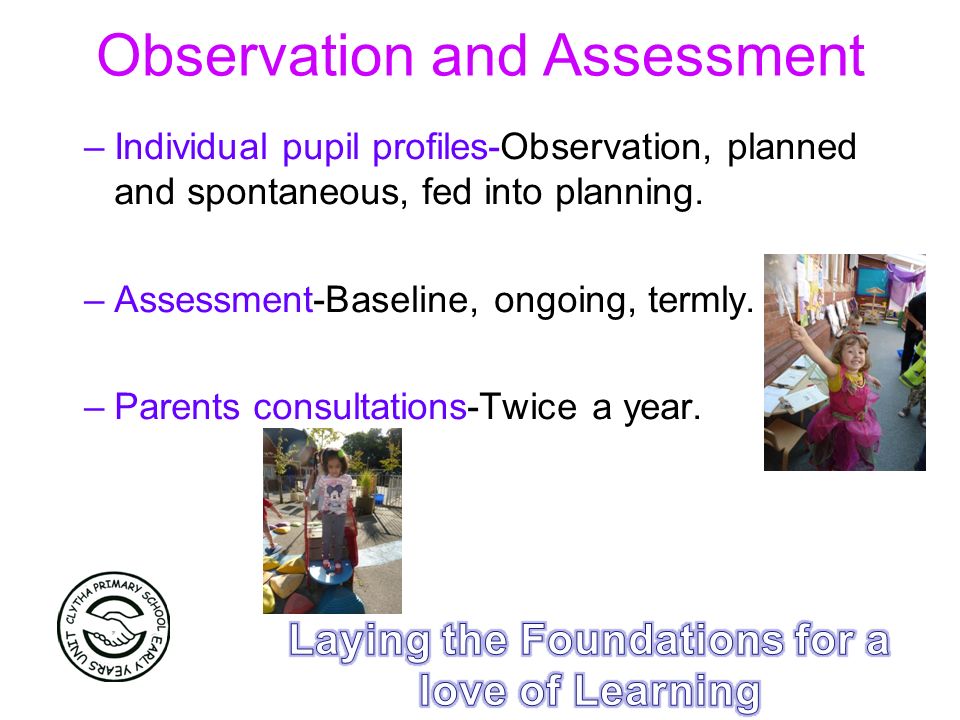 Observation and Assessment –Individual pupil profiles-Observation, planned and spontaneous, fed into planning.