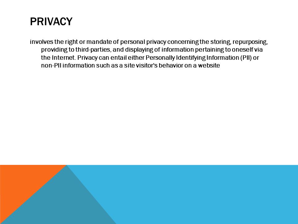 PRIVACY involves the right or mandate of personal privacy concerning the storing, repurposing, providing to third-parties, and displaying of information pertaining to oneself via the Internet.