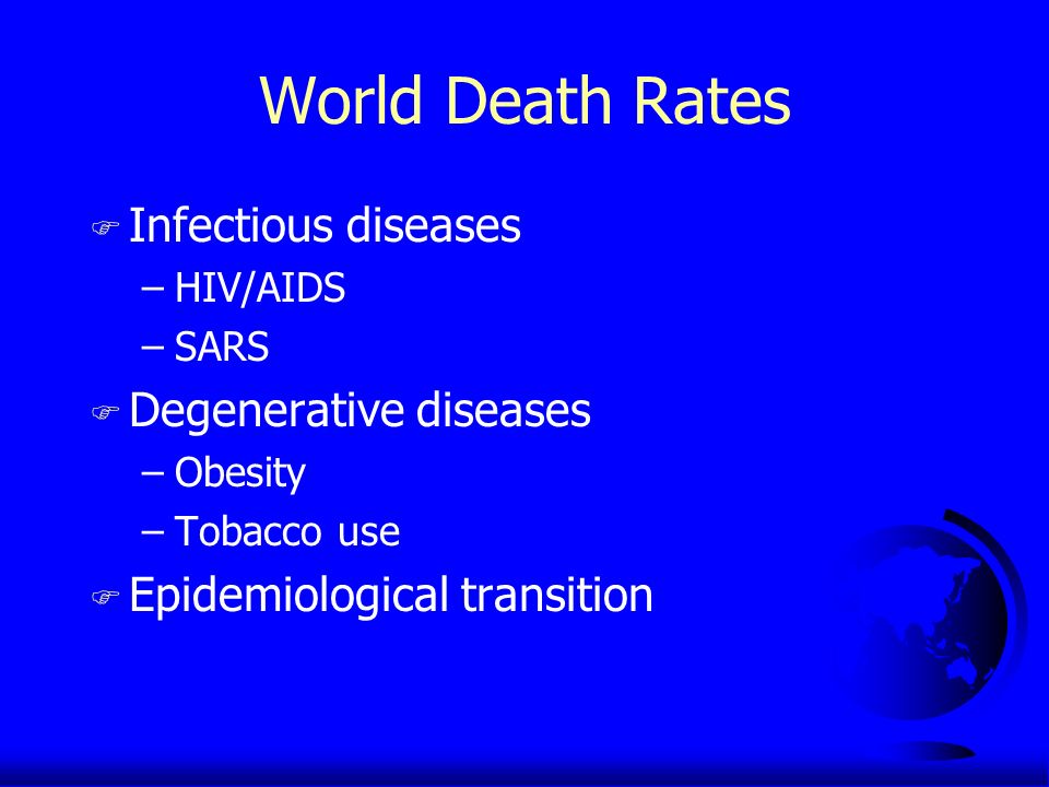 World Death Rates F Infectious diseases –HIV/AIDS –SARS F Degenerative diseases –Obesity –Tobacco use F Epidemiological transition