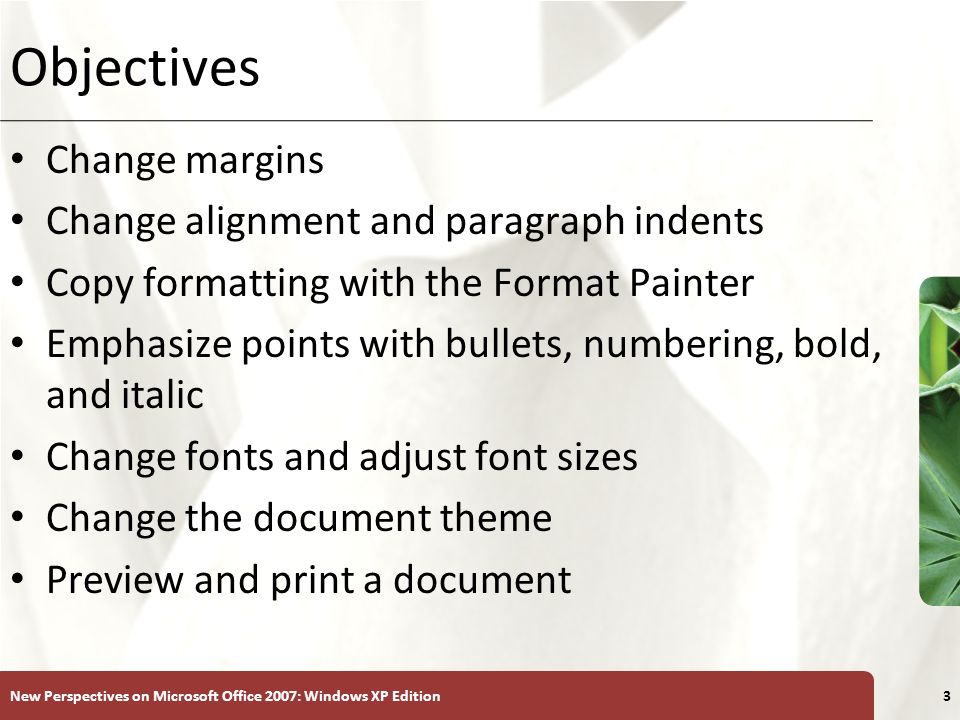 XP New Perspectives on Microsoft Office 2007: Windows XP Edition3 Objectives Change margins Change alignment and paragraph indents Copy formatting with the Format Painter Emphasize points with bullets, numbering, bold, and italic Change fonts and adjust font sizes Change the document theme Preview and print a document