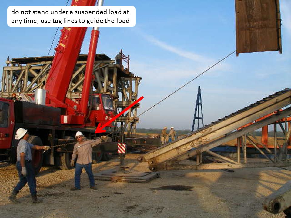12 do not stand under a suspended load at any time; use tag lines to guide the load