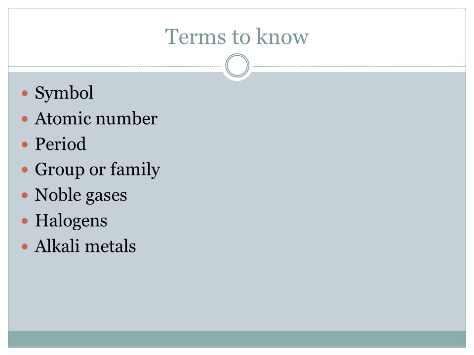 Terms to know Symbol Atomic number Period Group or family Noble gases Halogens Alkali metals