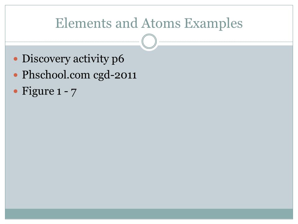 Elements and Atoms Examples Discovery activity p6 Phschool.com cgd-2011 Figure 1 - 7