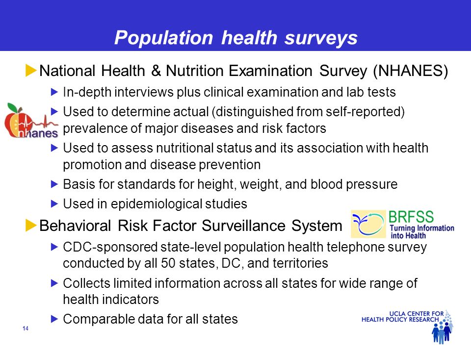 14 Population health surveys  National Health & Nutrition Examination Survey (NHANES)  In-depth interviews plus clinical examination and lab tests  Used to determine actual (distinguished from self-reported) prevalence of major diseases and risk factors  Used to assess nutritional status and its association with health promotion and disease prevention  Basis for standards for height, weight, and blood pressure  Used in epidemiological studies  Behavioral Risk Factor Surveillance System  CDC-sponsored state-level population health telephone survey conducted by all 50 states, DC, and territories  Collects limited information across all states for wide range of health indicators  Comparable data for all states