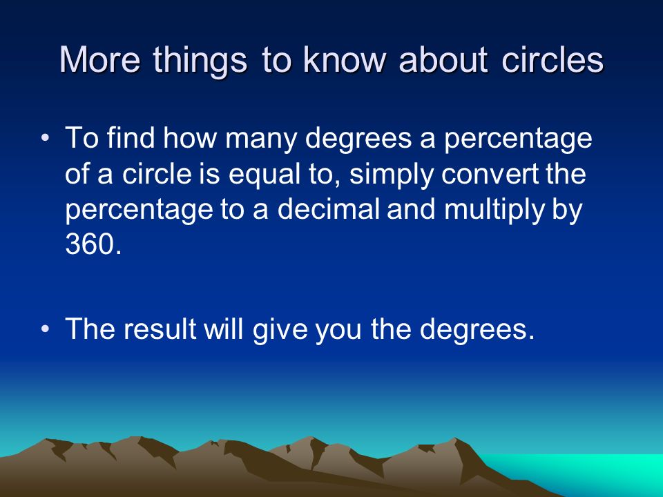 More things to know about circles To find how many degrees a percentage of a circle is equal to, simply convert the percentage to a decimal and multiply by 360.
