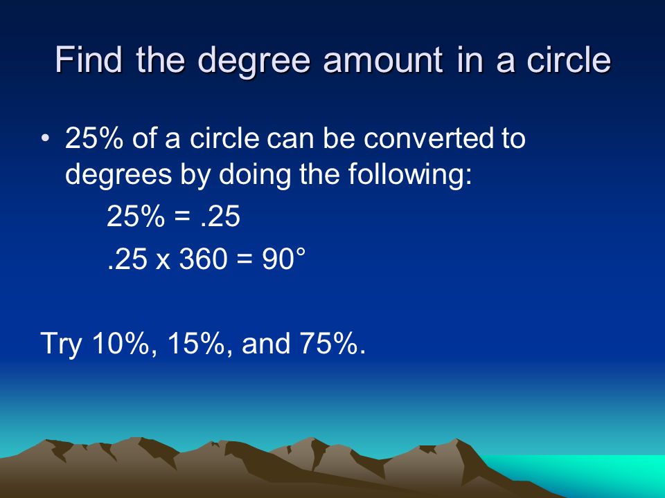 Find the degree amount in a circle 25% of a circle can be converted to degrees by doing the following: 25% = x 360 = 90° Try 10%, 15%, and 75%.
