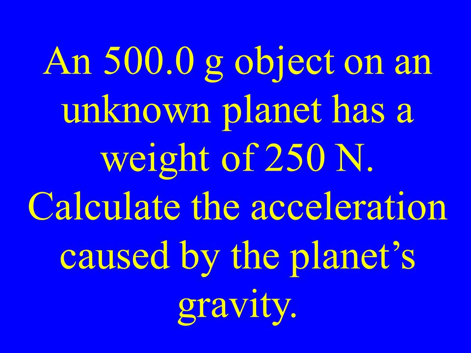 An g object on an unknown planet has a weight of 250 N.