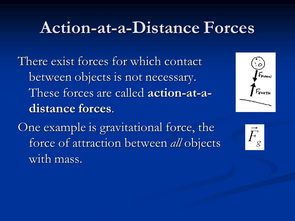 Action-at-a-Distance Forces There exist forces for which contact between objects is not necessary.