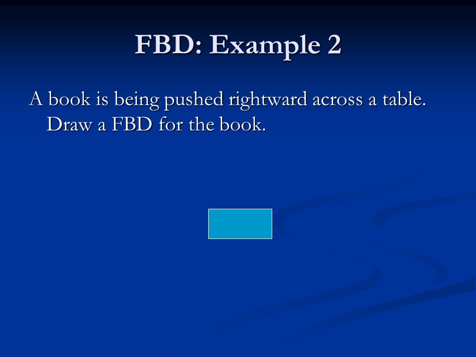 FBD: Example 2 A book is being pushed rightward across a table. Draw a FBD for the book.