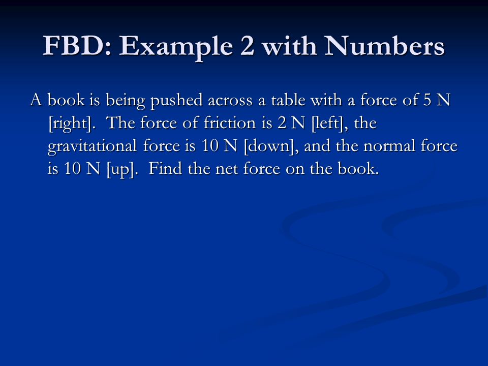 FBD: Example 2 with Numbers A book is being pushed across a table with a force of 5 N [right].
