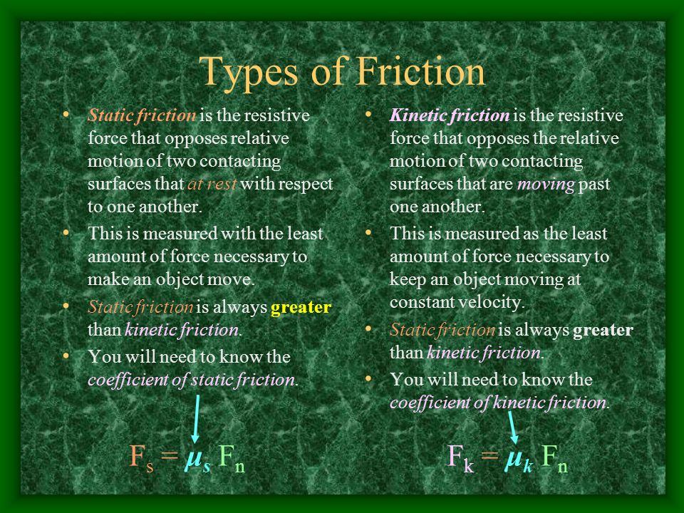 Types of Friction Static friction is the resistive force that opposes relative motion of two contacting surfaces that at rest with respect to one another.