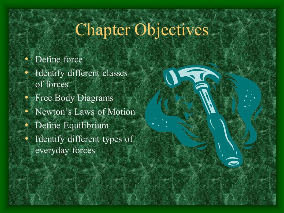 Chapter Objectives Define force Identify different classes of forces Free Body Diagrams Newton’s Laws of Motion Define Equilibrium Identify different types of everyday forces