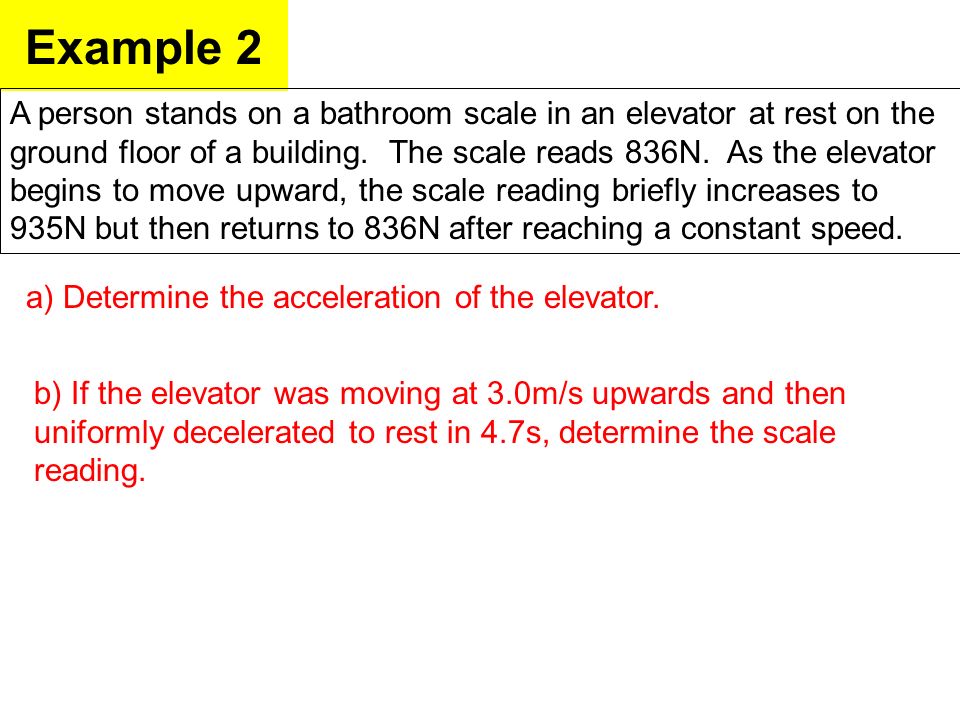 Example 2 A person stands on a bathroom scale in an elevator at rest on the ground floor of a building.
