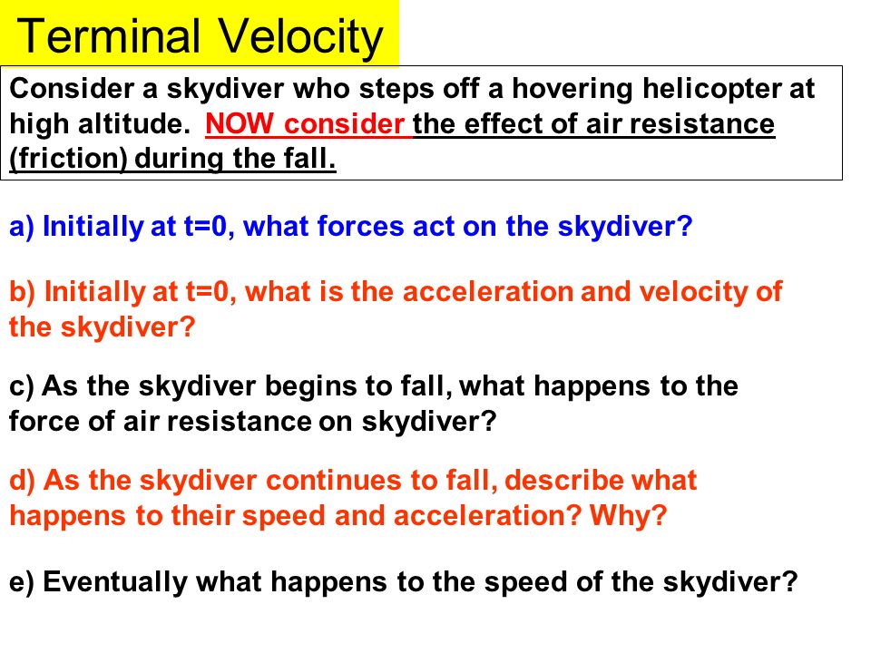 Terminal Velocity Consider a skydiver who steps off a hovering helicopter at high altitude.