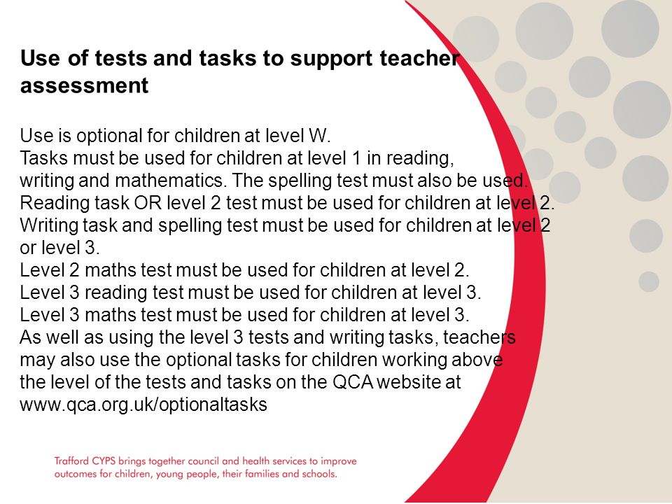 Use of tests and tasks to support teacher assessment Use is optional for children at level W.