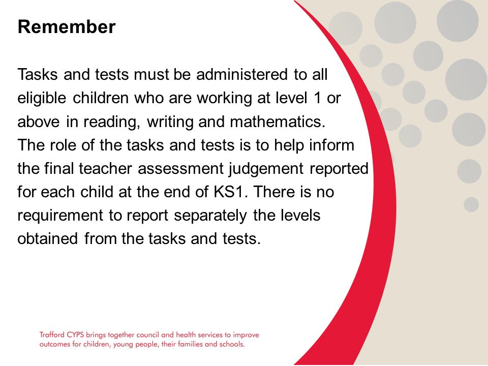 Remember Tasks and tests must be administered to all eligible children who are working at level 1 or above in reading, writing and mathematics.