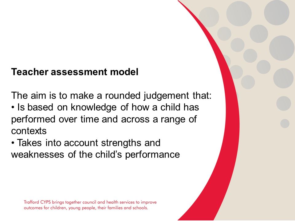 Teacher assessment model The aim is to make a rounded judgement that: Is based on knowledge of how a child has performed over time and across a range of contexts Takes into account strengths and weaknesses of the child’s performance