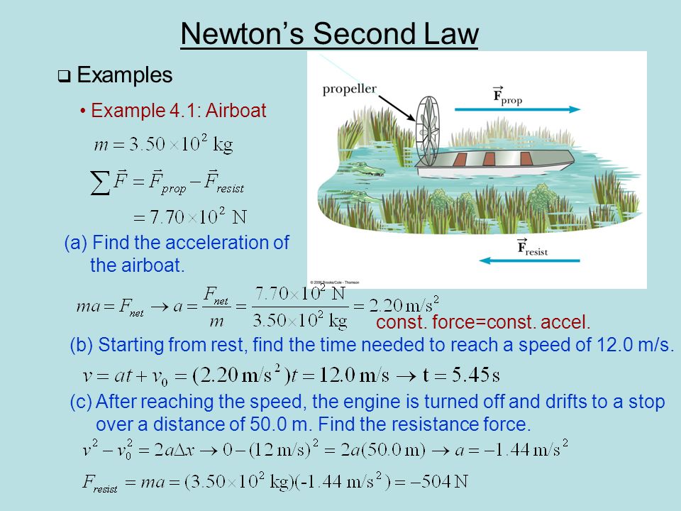 Newton’s Second Law  Examples Example 4.1: Airboat (a) Find the acceleration of the airboat.
