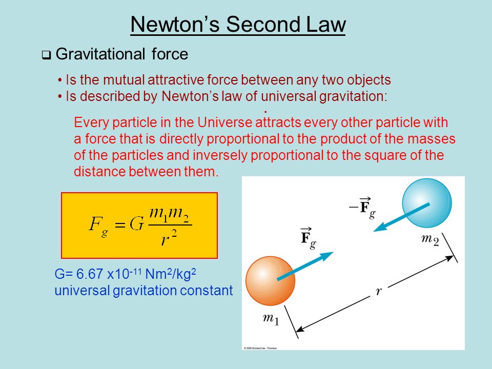 Newton’s Second Law  Gravitational force Is the mutual attractive force between any two objects Is described by Newton’s law of universal gravitation:.