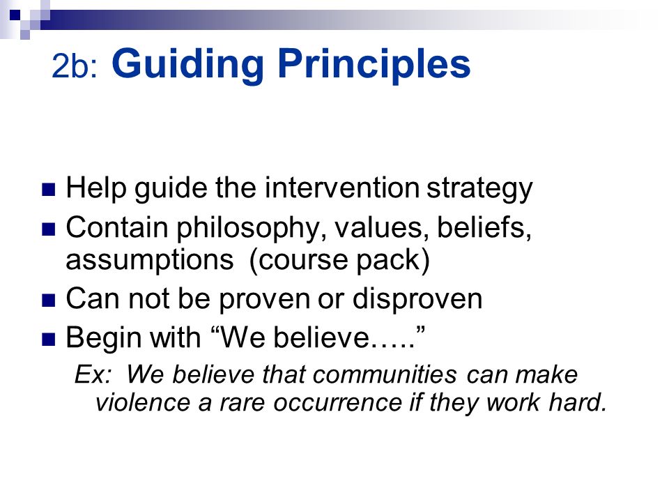 2b: Guiding Principles Help guide the intervention strategy Contain philosophy, values, beliefs, assumptions (course pack) Can not be proven or disproven Begin with We believe….. Ex: We believe that communities can make violence a rare occurrence if they work hard.