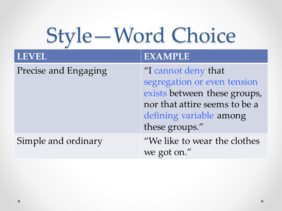 Style—Word Choice LEVELEXAMPLE Precise and Engaging I cannot deny that segregation or even tension exists between these groups, nor that attire seems to be a defining variable among these groups. Simple and ordinary We like to wear the clothes we got on.