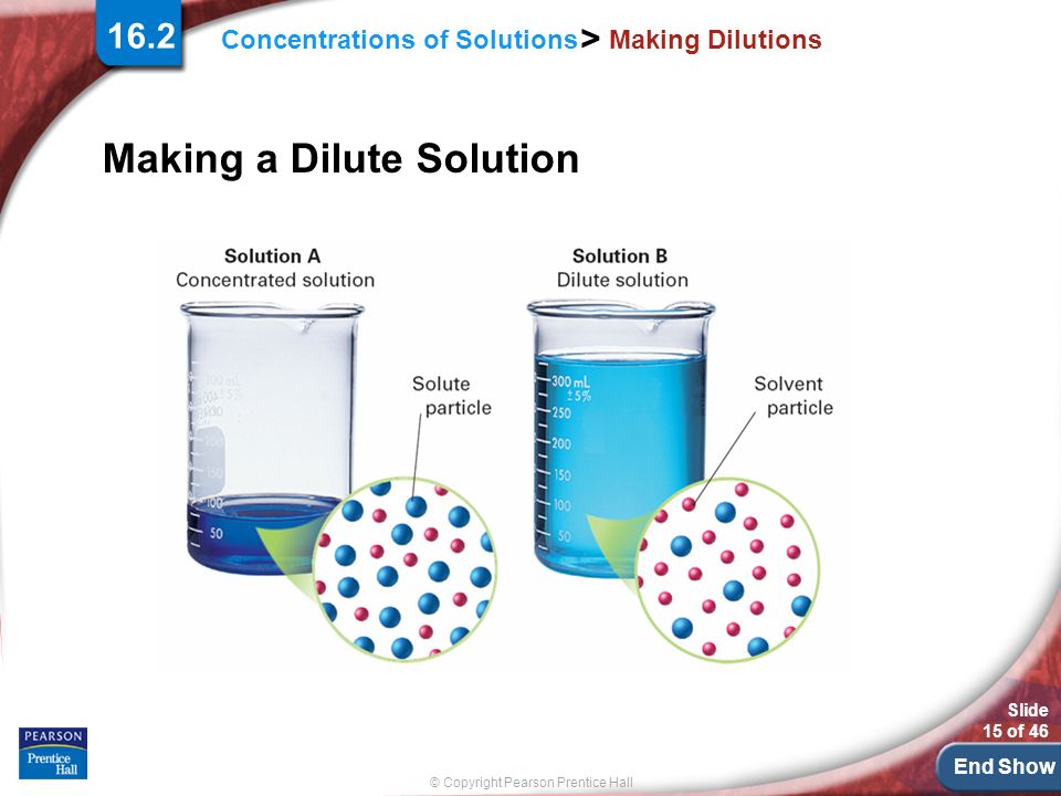 End Show Slide 15 of 46 © Copyright Pearson Prentice Hall Concentrations of Solutions > Making Dilutions Making a Dilute Solution 16.2