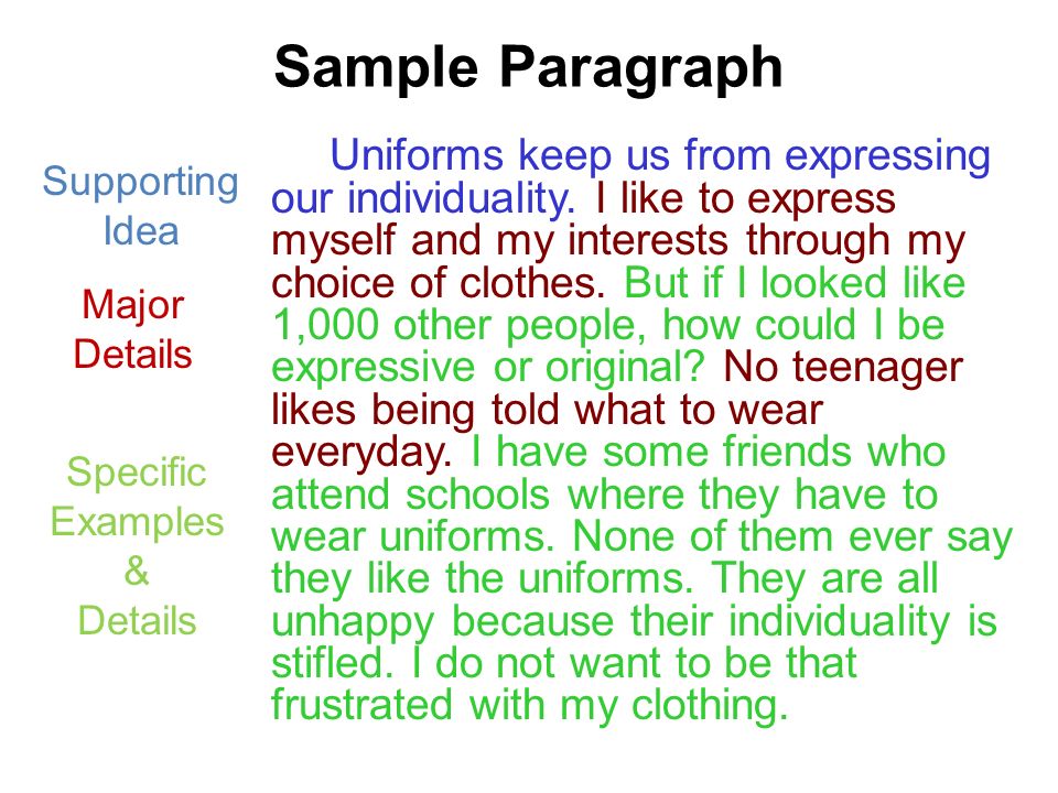 Sample Paragraph Uniforms keep us from expressing our individuality.