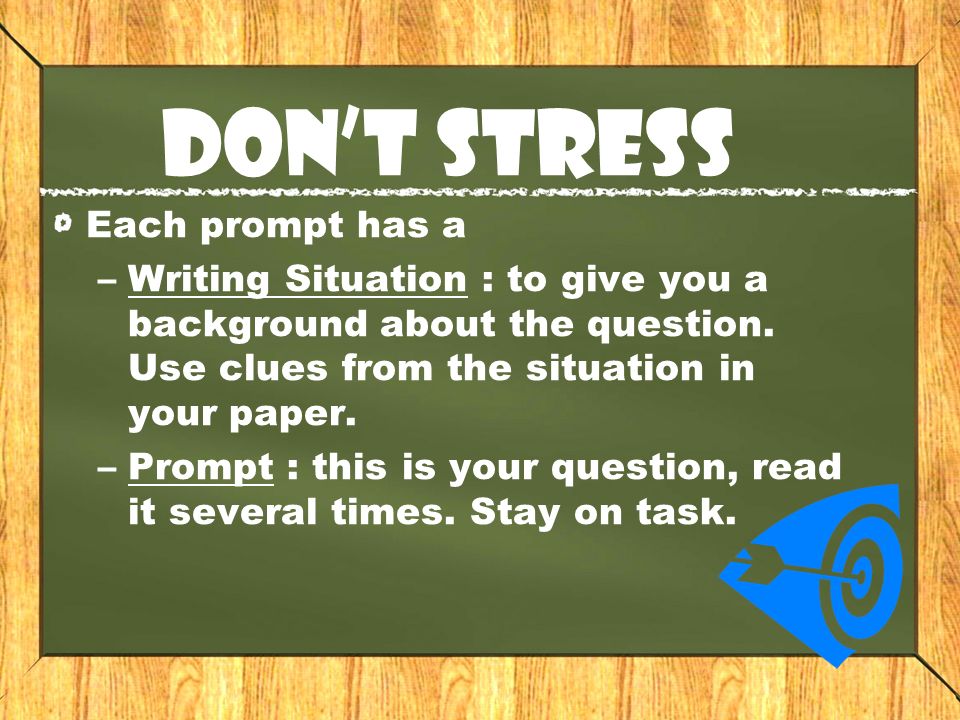 Don’t Stress Each prompt has a –Writing Situation : to give you a background about the question.