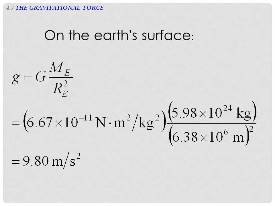 4.7 THE GRAVITATIONAL FORCE On the earth ’ s surface :