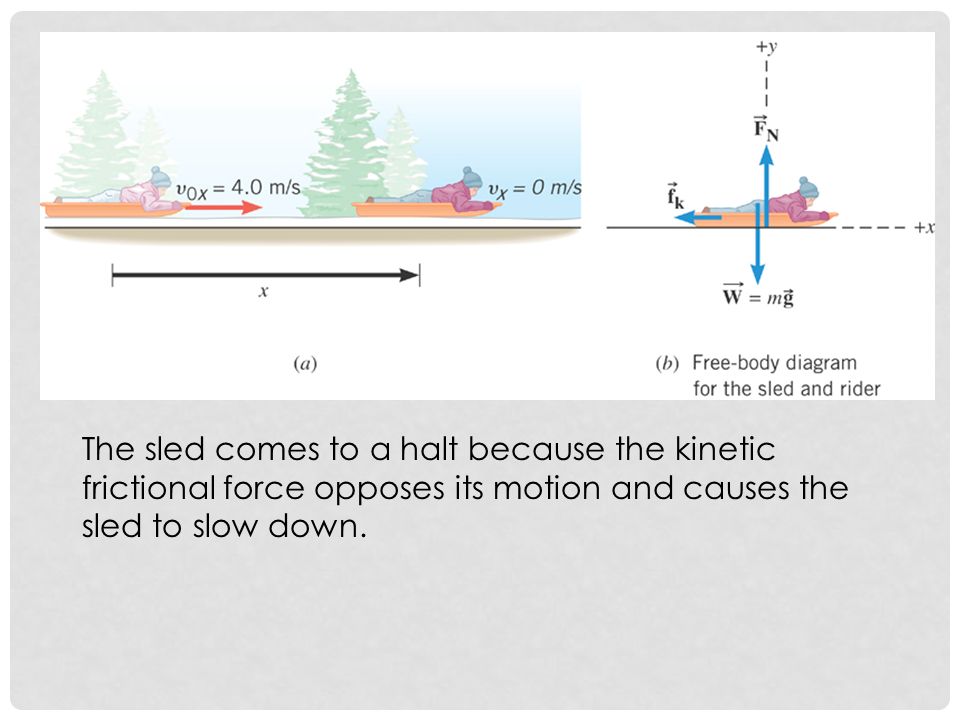 The sled comes to a halt because the kinetic frictional force opposes its motion and causes the sled to slow down.