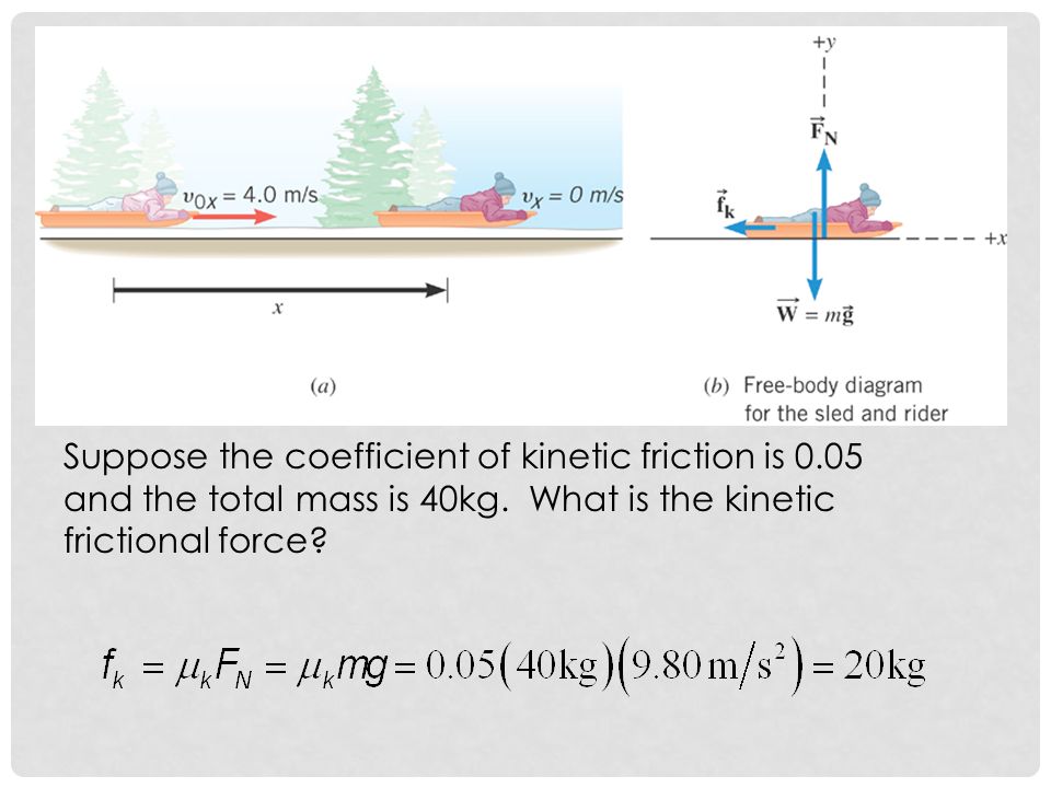Suppose the coefficient of kinetic friction is 0.05 and the total mass is 40kg.