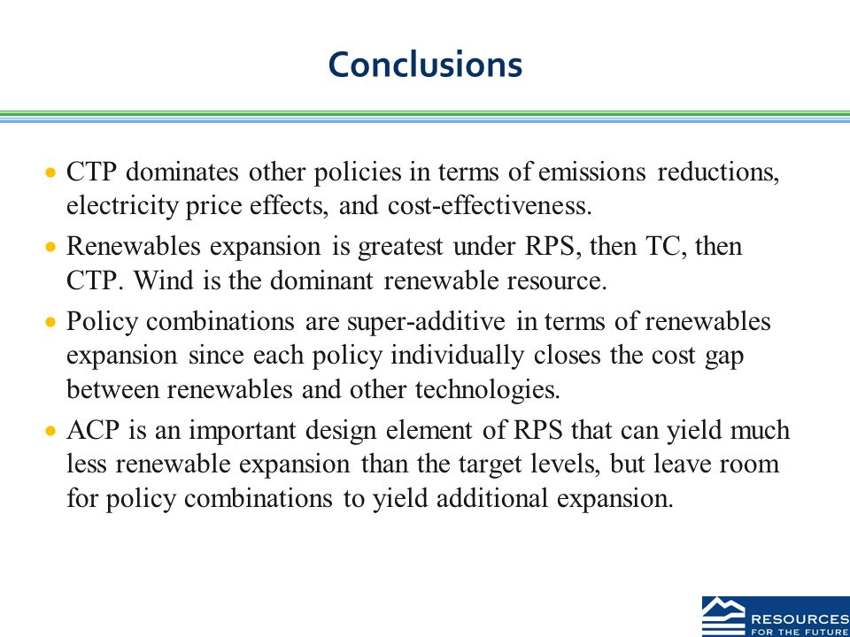 Conclusions  CTP dominates other policies in terms of emissions reductions, electricity price effects, and cost-effectiveness.