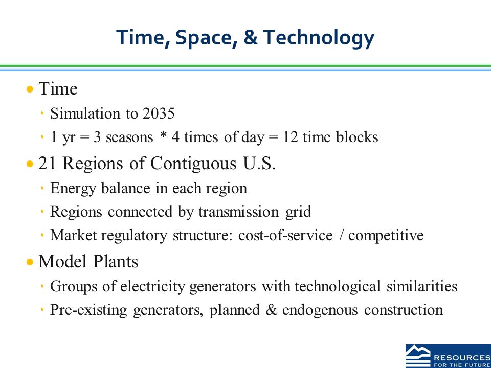 Time, Space, & Technology  Time ٠Simulation to 2035 ٠1 yr = 3 seasons * 4 times of day = 12 time blocks  21 Regions of Contiguous U.S.