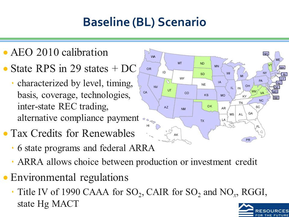 Baseline (BL) Scenario  AEO 2010 calibration  State RPS in 29 states + DC ٠characterized by level, timing, basis, coverage, technologies, inter-state REC trading, alternative compliance payment  Tax Credits for Renewables ٠6 state programs and federal ARRA ٠ARRA allows choice between production or investment credit  Environmental regulations ٠Title IV of 1990 CAAA for SO 2, CAIR for SO 2 and NO x, RGGI, state Hg MACT