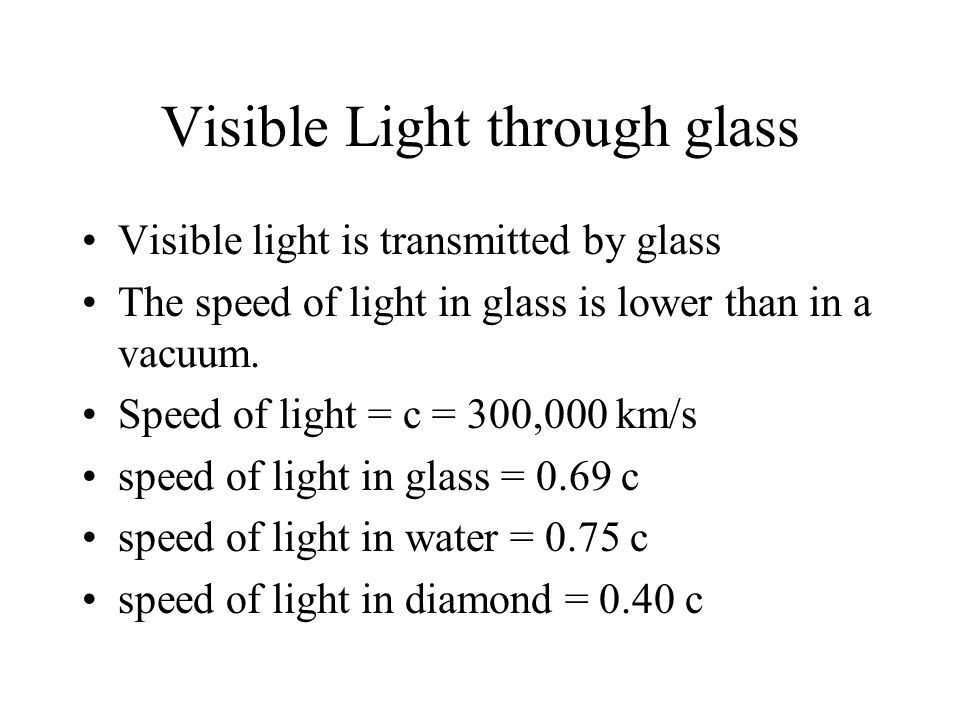Visible Light through glass Visible light is transmitted by glass The speed of light in glass is lower than in a vacuum.