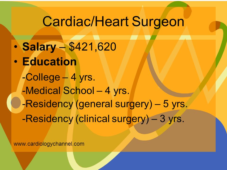 Cardiac/Heart Surgeon Salary – $421,620 Education -College – 4 yrs.