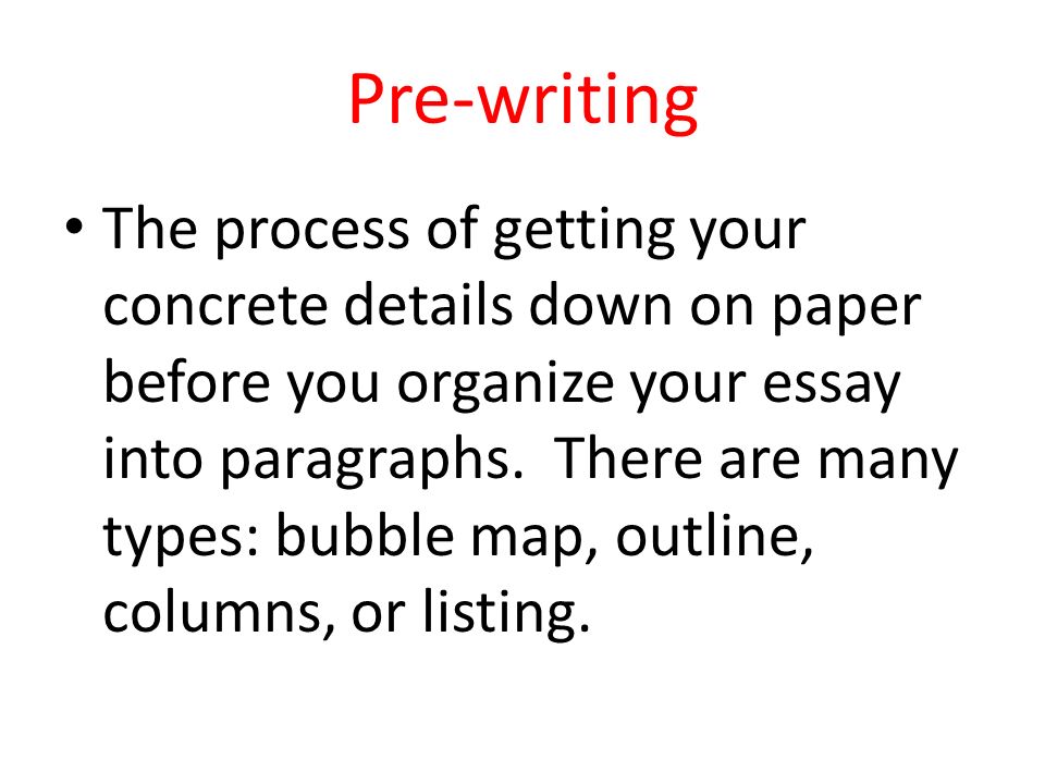 Pre-writing The process of getting your concrete details down on paper before you organize your essay into paragraphs.