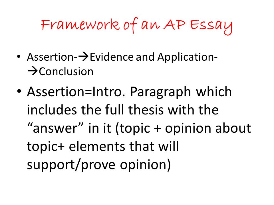 Framework of an AP Essay Assertion-  Evidence and Application-  Conclusion Assertion=Intro.
