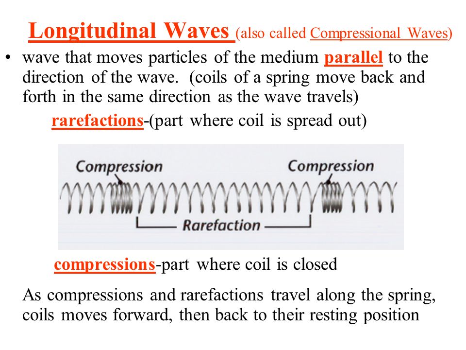 Longitudinal Waves (also called Compressional Waves) wave that moves particles of the medium parallel to the direction of the wave.