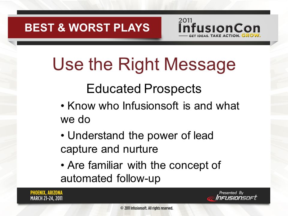 Use the Right Message Educated Prospects Know who Infusionsoft is and what we do Understand the power of lead capture and nurture Are familiar with the concept of automated follow-up BEST & WORST PLAYS