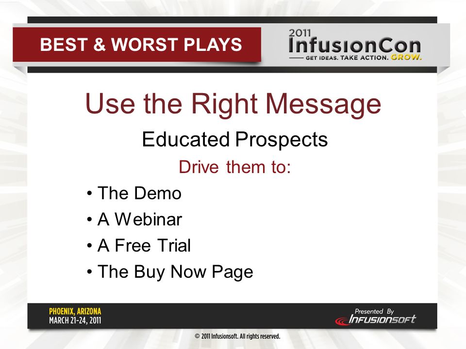 Use the Right Message Educated Prospects Drive them to: The Demo A Webinar A Free Trial The Buy Now Page BEST & WORST PLAYS