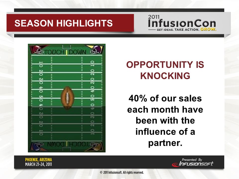 OPPORTUNITY IS KNOCKING 40% of our sales each month have been with the influence of a partner.