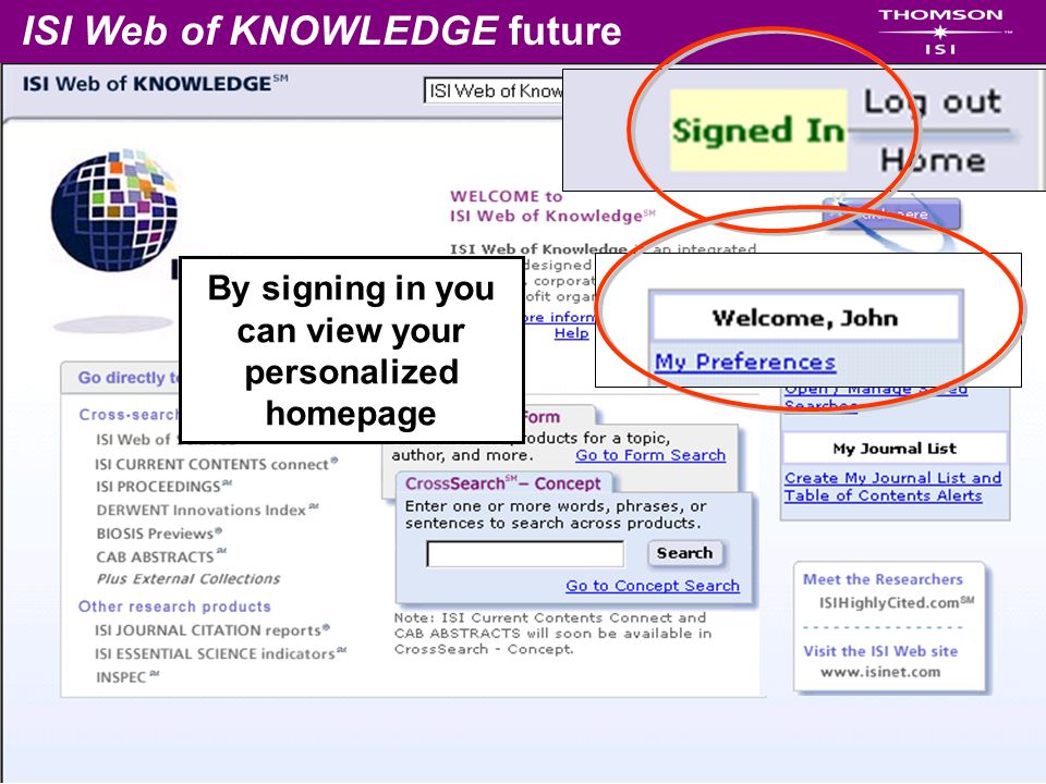 ISI Web of KNOWLEDGE future By signing in you can view your personalized homepage