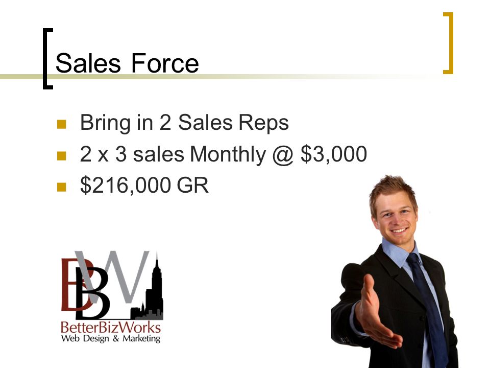 Sales Force Bring in 2 Sales Reps 2 x 3 sales $3,000 $216,000 GR